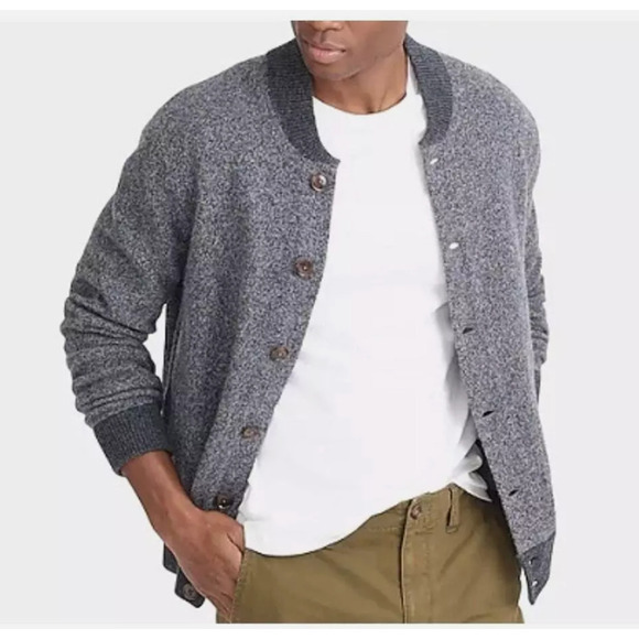 J.Crew Men's Charcoal Grey Two Tone Lambswool Bomber Cardigan SZ Large - Picture 1 of 10
